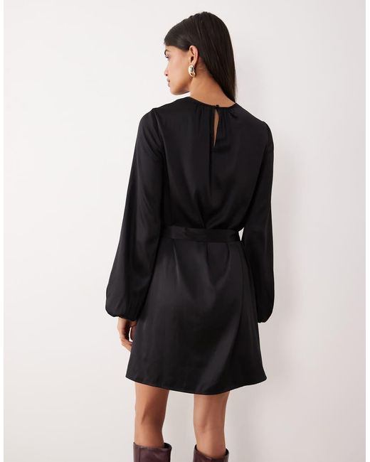 Vila Black Balloon Sleeve Satin Tie Waist Mini Dress