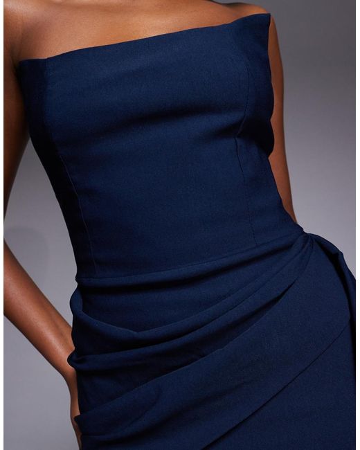 Vesper Blue Bengaline Bandeau Square Edge Drape Front Midi Dress