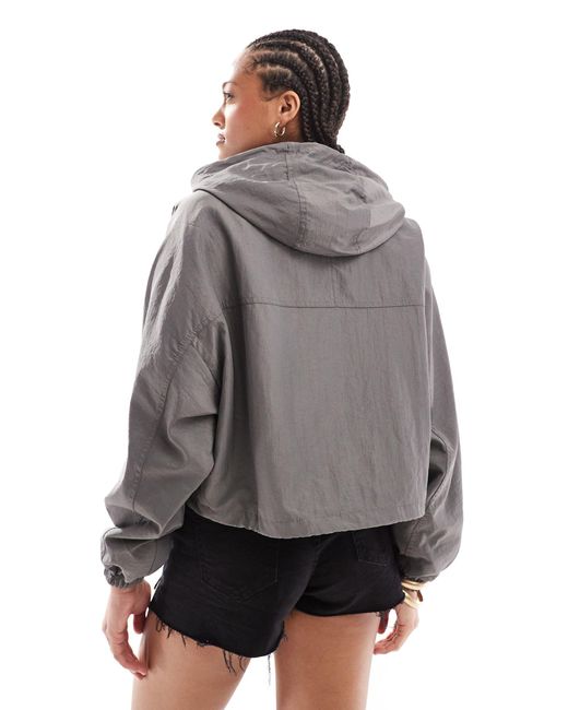Pull&Bear Gray Cropped Boxy Nylon Look Hooded Jacket