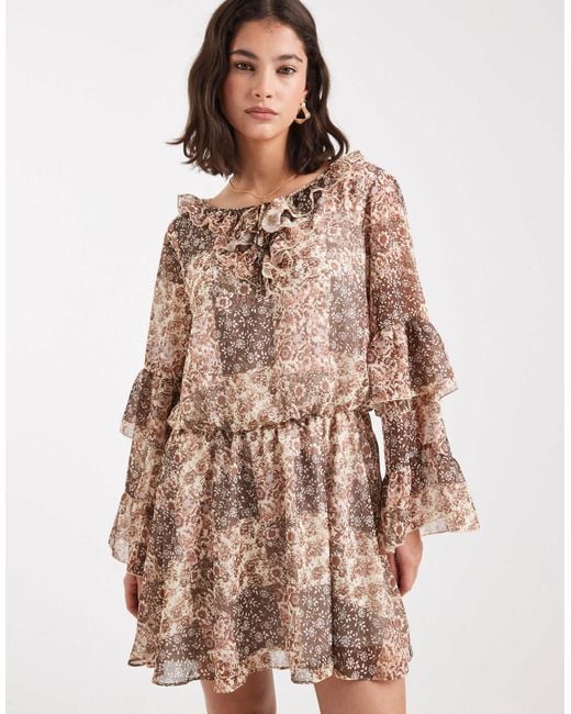 Miss Selfridge Women's Brown Chiffon Ruffle Mini Dress Miss Selfridge Women's Brown Chiffon Ruffle Mini Dress