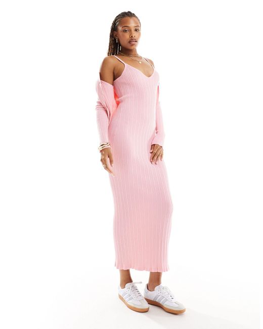 ASOS Pink Knitted Strappy V Neck Midaxi Dress