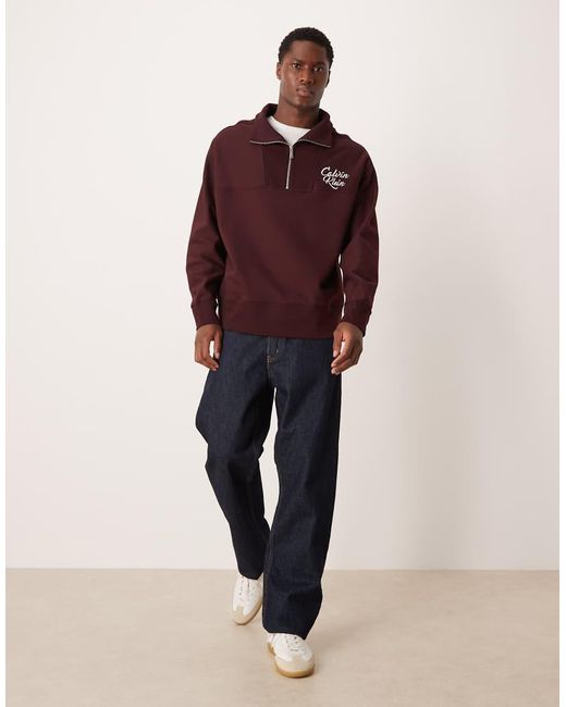 Calvin Klein Red High Neck Script Logo 1/4 Zip Sweatshirt for men