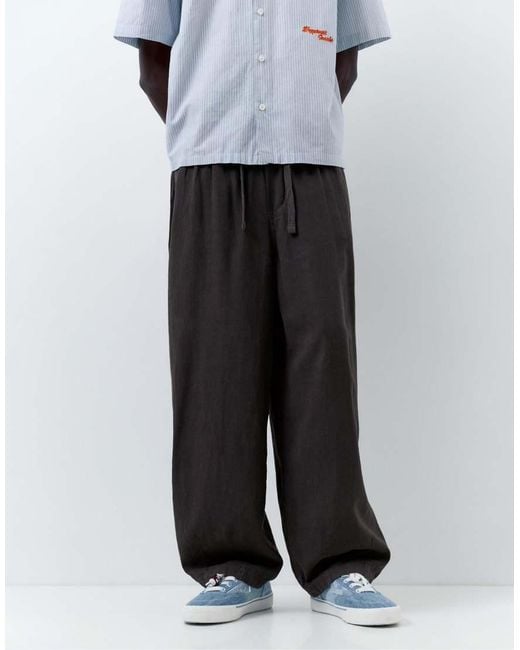 Pull&Bear Gray Linen Blend Trousers for men