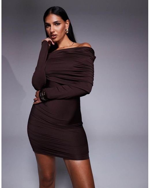 Aria Cove Blue Double Sculpted Slinky Ruched Extreme Foldover Asymmetric Shoulder Mini Dress