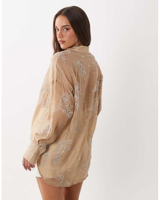 Mango Brown Sheer Oversized Shirt With Embellishment