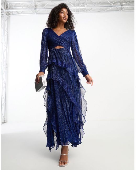 EVER NEW Blue Sheer Sleeve Cut-out Plisse Maxi Dress