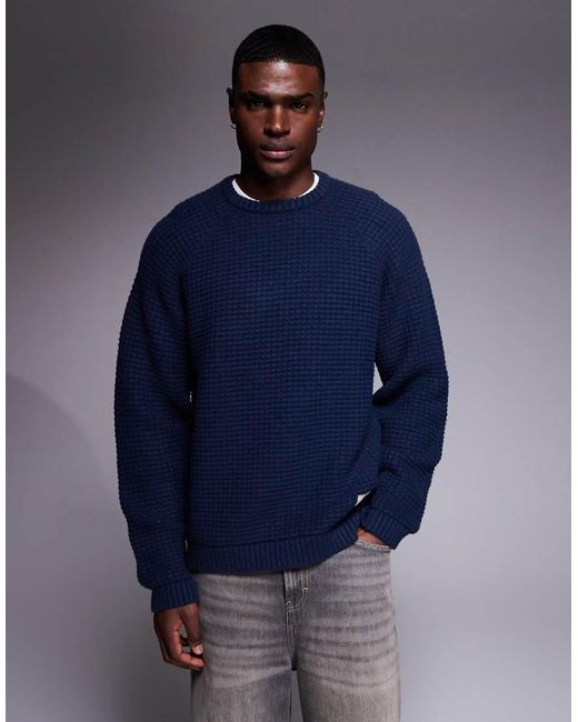 ASOS Blue Oversized Knitted Textured Jumper With Woven Label for men