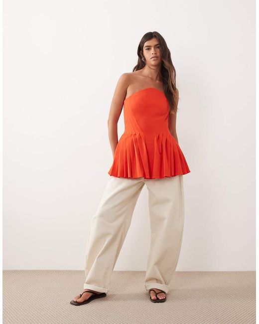 ARRANGE Red Pleat Detail Bandeau Peplum Top