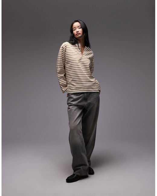 ARKET Gray Oversized Long Sleeve Jersey T-shirt With Open V Neck And Side Splits