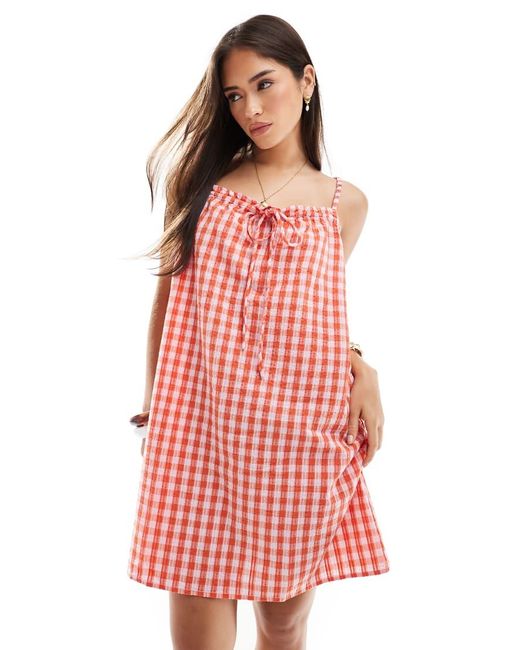 Vestido Corto Rosa Y Rojo A Cuadros Vichy De Sirsaca De Vero Moda de color Red
