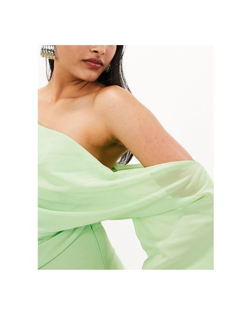 ASOS Green Chiffon Draped Off Shoulder Maxi Dress With Full Skirt