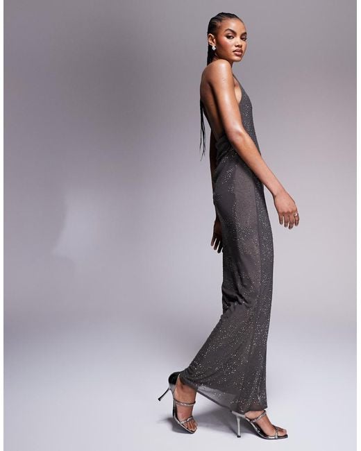 ASOS Gray Artwork Hotfix One Shoulder Maxi Dress With Open Back