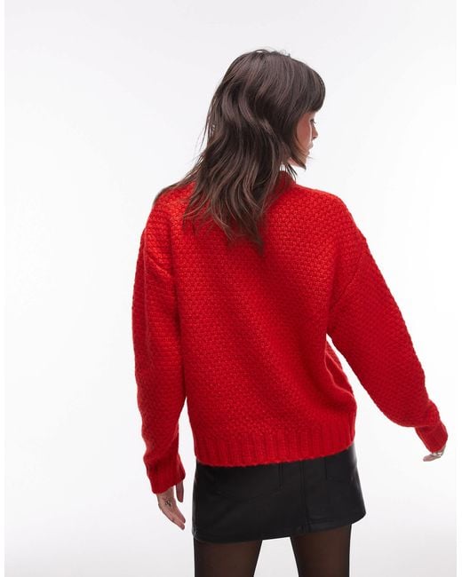 TOPSHOP Red Knitted Chunky Twist Cable Crew Neck Oversized Jumper