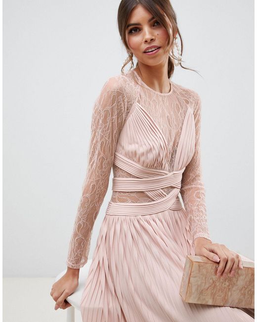 asos lace pinafore pleated midi dress