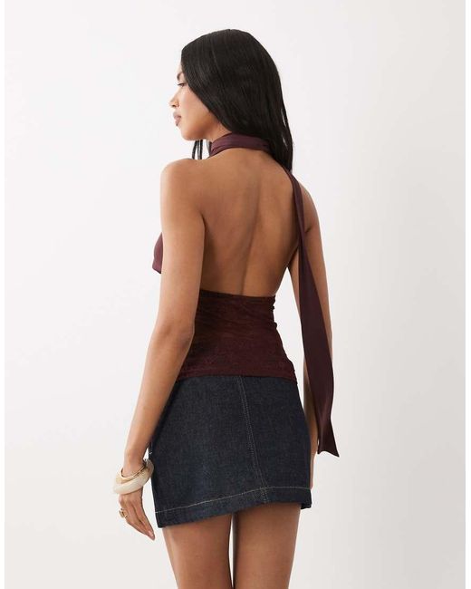 Gina Tricot Brown Lace Plunge Top With Scarf