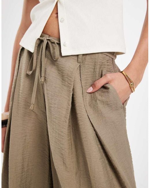 ASOS Natural Asos Design Tall Textured Wide Leg Pants With Tie Waist