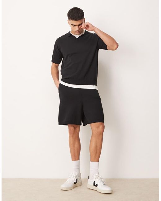 ASOS Black Relaxed Boxy Fit Knitted Midweight Cotton Notch Neck Polo for men