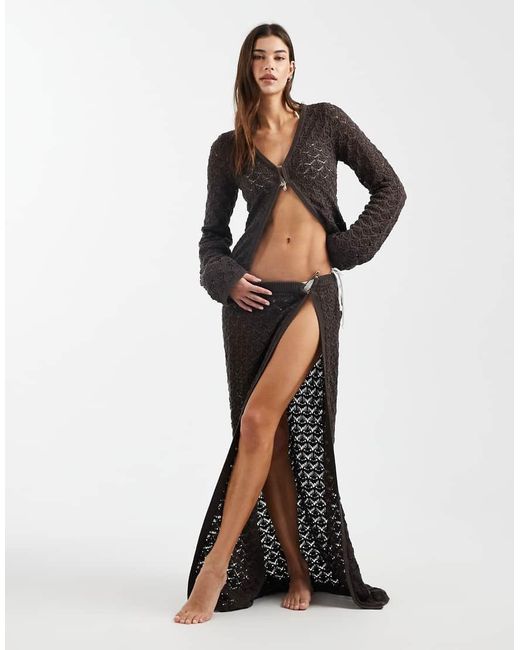 4th & Reckless White Cotton Rich Crochet Knit Metal Detail Side Split Maxi Beach Skirt Co-ord