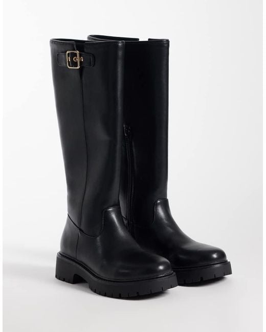 London Rebel Black Trista Chunky Knee Boots With Buckle Details