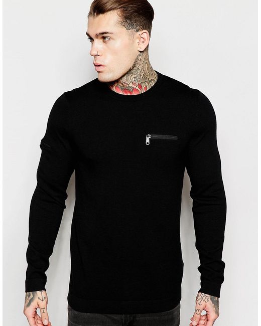 ASOS Black Cotton Jumper With Chest And Arm Zip Pocket for men