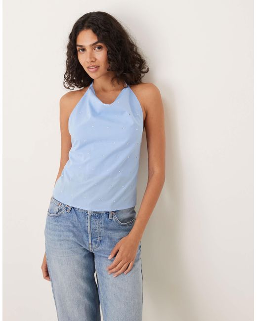 Mango Blue Halterneck Top With Cowl Neck With Hotfix Detail