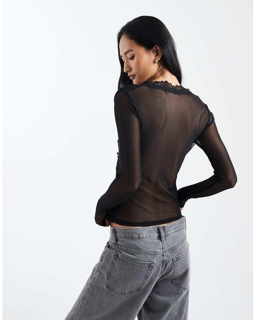 ASOS Black Mesh Lace Trim Plunge Long Sleeve Top