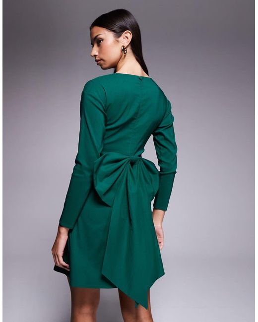 TFNC London Green Bengaline Long Sleeve A-Line Bow Back Mini Dress