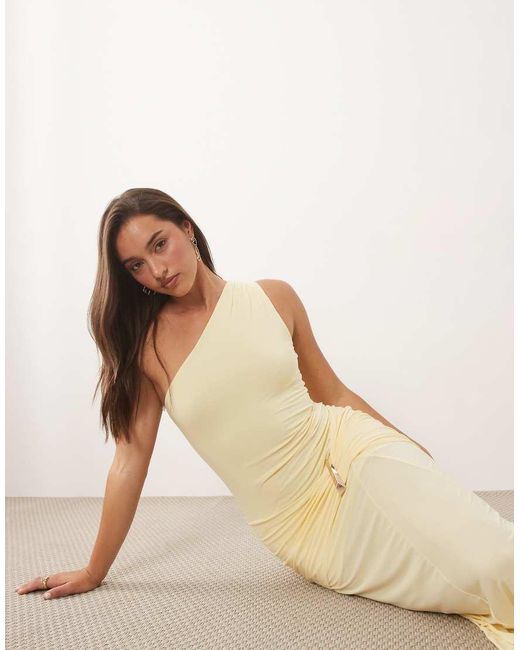 Fashionkilla Natural Exclusive Double Sculpted Slinky One Shoulder Metal Drape Detail Maxi Dress