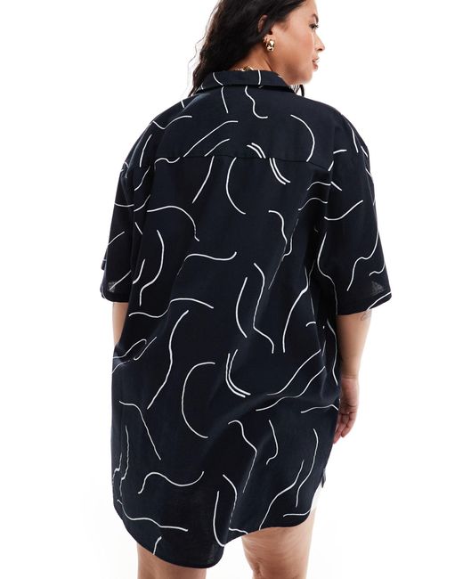 Asos design curve - chemise oversize d'ensemble en lin à imprimé - noir et blanc ASOS en coloris Blue