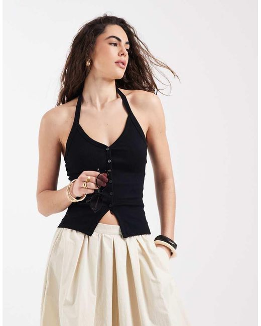 New Look Black Halter Neck Button Through Top