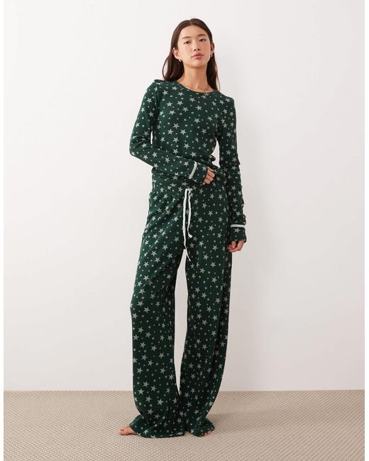 ASOS Green Long Sleeve & Wide Leg Trouser Waffle Pyjama Gifting Set