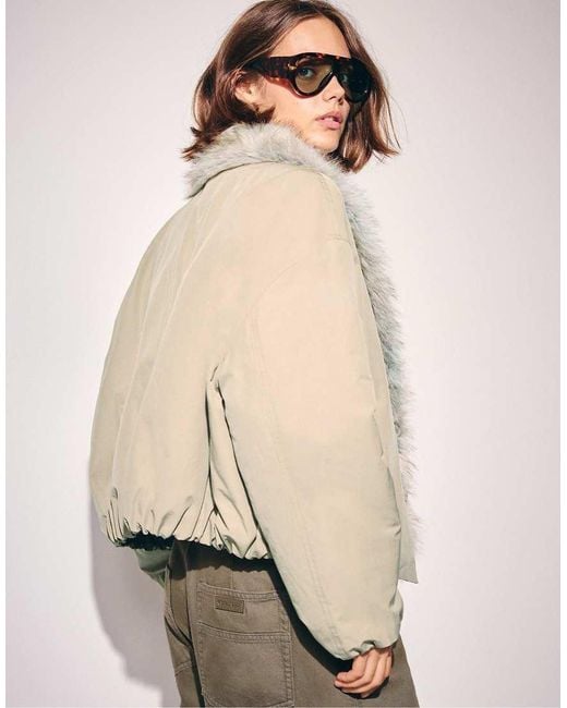 Stradivarius Natural Padded Shawl Neck Faux Fur Jacket