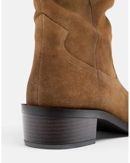 Stradivarius Brown Slouchy Cowboy Leather Ankle Boots