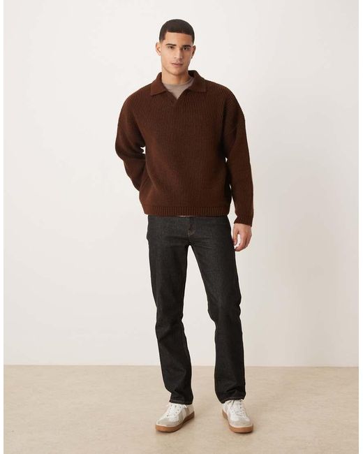ASOS Brown Super Oversized Boxy Fit Knitted Fisherman Rib Notch Neck Jumper for men