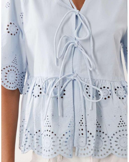 Y.A.S Blue Tie Front Cotton Broderie Top