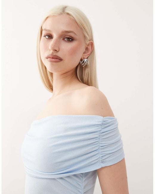 Lioness White Field Of Dreams Foldover Bardot Ruched Drop Waist Pleated Maxi Dress