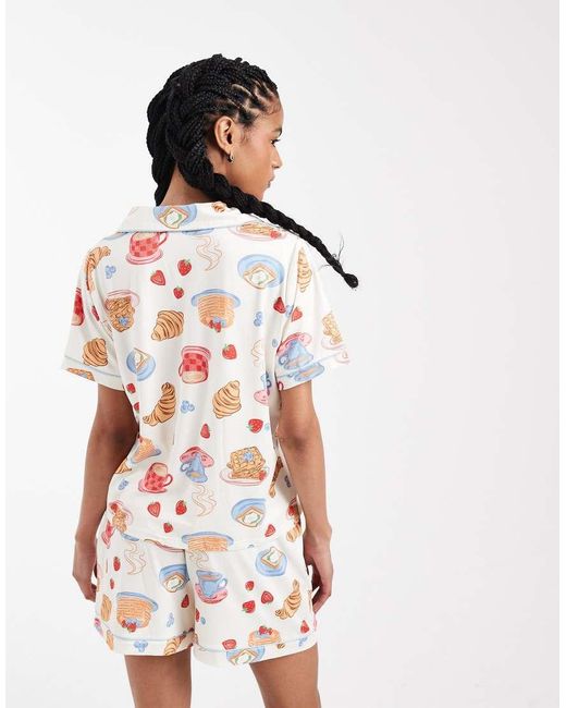 Threadbare White Button Down Super Soft Short Pyjama Set With Croissant Print