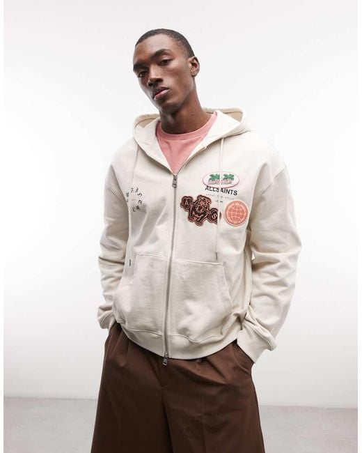 AllSaints Natural Patcher Patcher Zip Through Embroidered Logo Hoodie for men