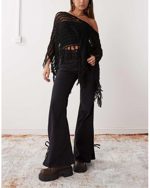 Monki Black Wide Leg Trousers With Tie Bow Detail