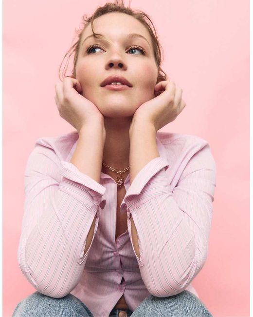 Stradivarius Pink Basic Striped Fitted Shirt