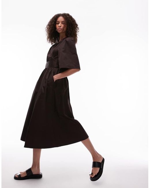 & Other Stories Black Poplin Midaxi Dress With Wrap Front And Puff Sleeves