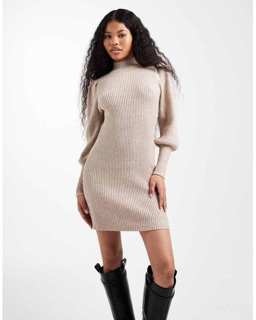 Vestito Maglia Accollato Con Maniche A Sbuffo di Only Petite in Natural