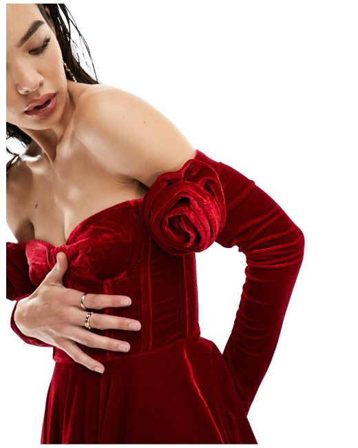 Bardot Red Off Shoulder Velour Mini Dress