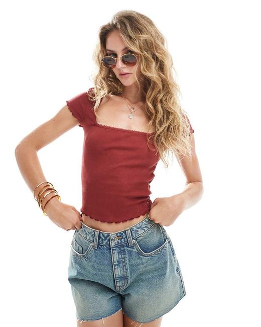Miss Selfridge Red Lace Trim Rib Short Sleeve Top