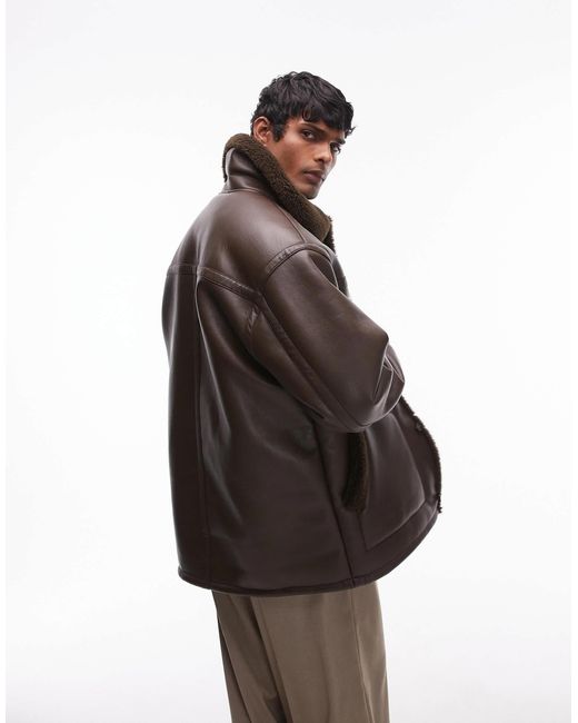 Topman Brown Faux Shearling Jacket With Shearling Collar for men
