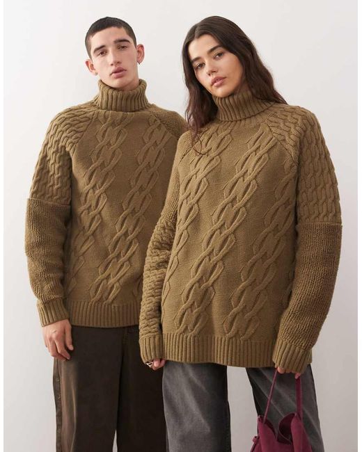 Reclaimed Vintage Brown Unisex Mixed Cable Knitted Roll Neck Jumper