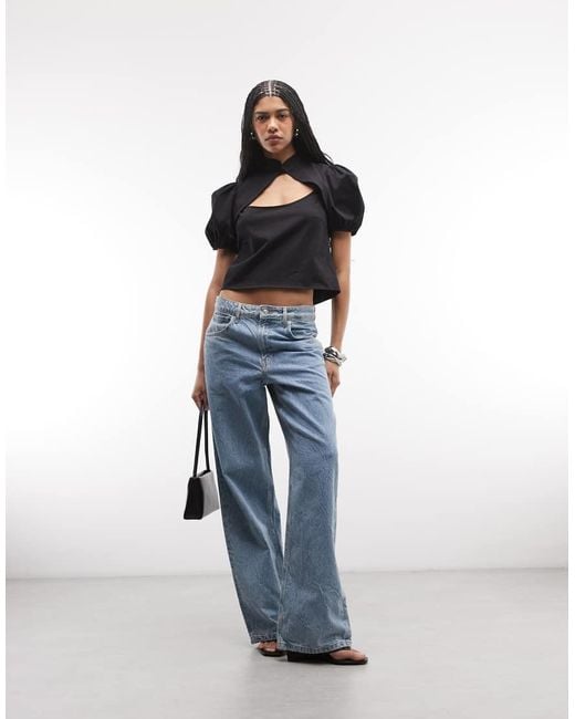 ASOS Black Puff Sleeve Cut Out Mandarin Top