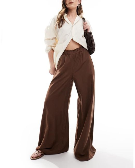 Stradivarius Brown Crinkle Pull On Wide Leg Pants