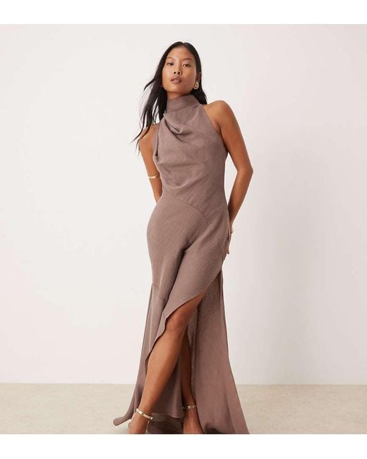 ASOS Brown Asos Design Petite High Neck Asymmetric Maxi Dress With Thigh Split
