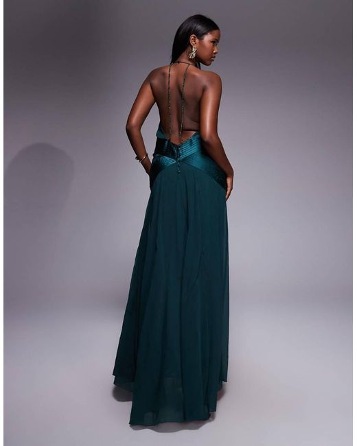 ASOS Blue Halter Wrap Godet Semi Sheer Panelled Maxi Dress With Beaded Straps